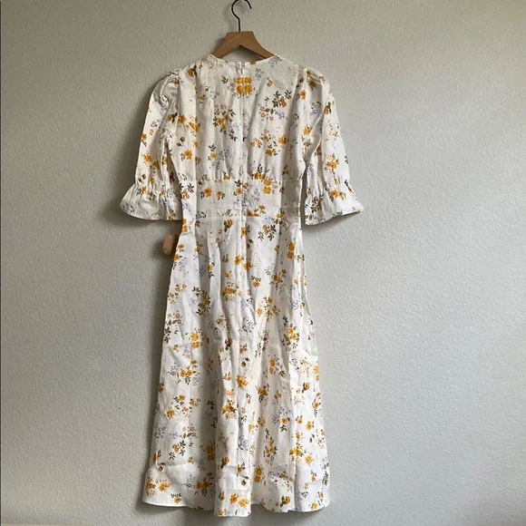 Reformation Maribel Linen Midi Floral Dress Puff Short Sleeves V Neck Tansy 4 - Picture 5 of 14